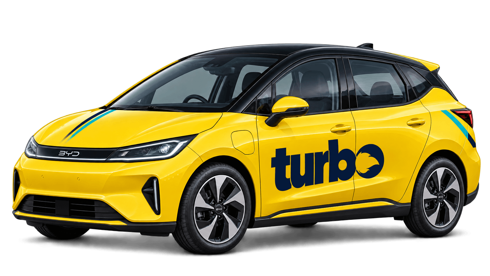 Yellow BYD Dolphin-style electric car with Turbo branding