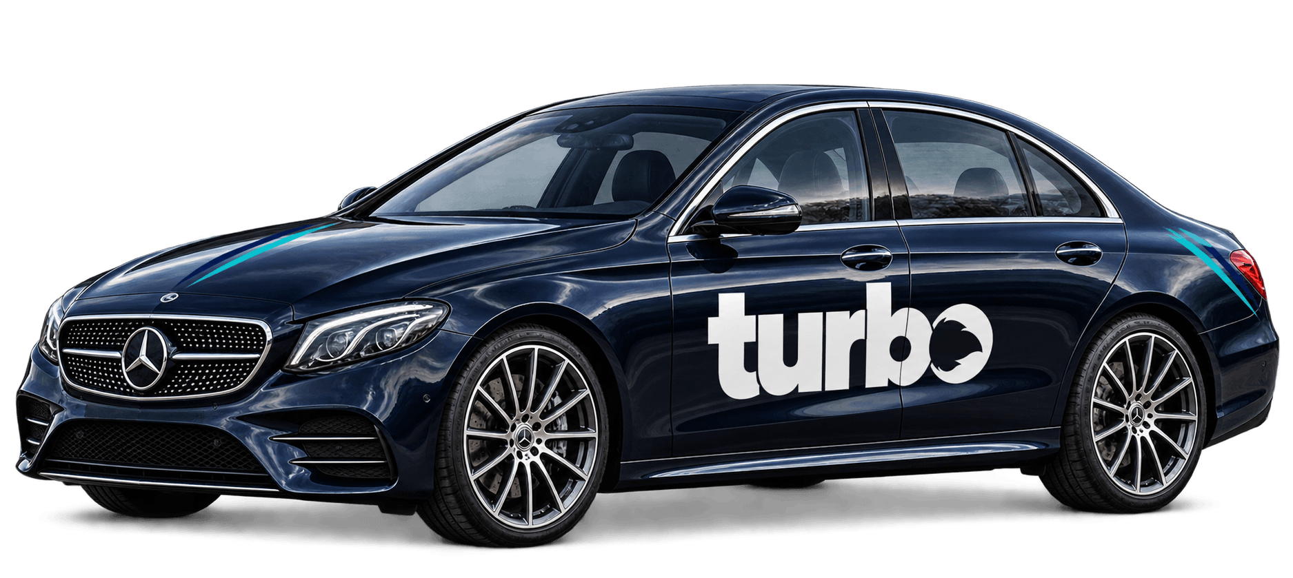 Blue-black Mercedes-Benz saloon with white Turbo branding